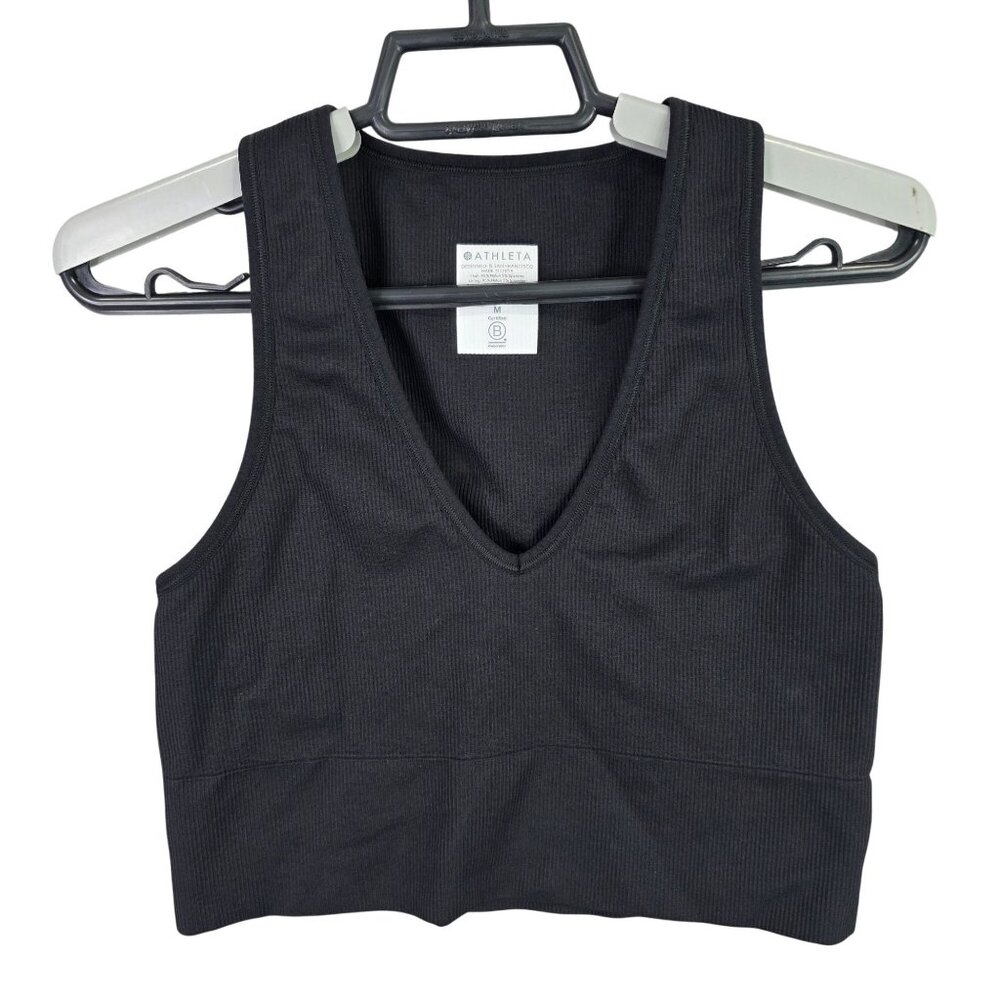Womens Athleta Black Ribbed Cropped Tank Top V-Neck Nylon Spandex Blend Size M